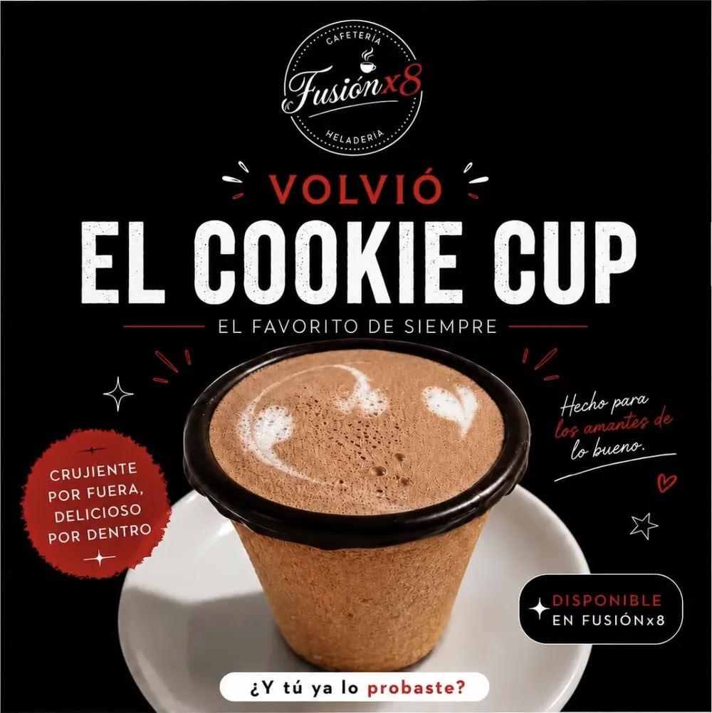 Publicación del Cookie Cup: taza de galleta con baño de chocolate y café.