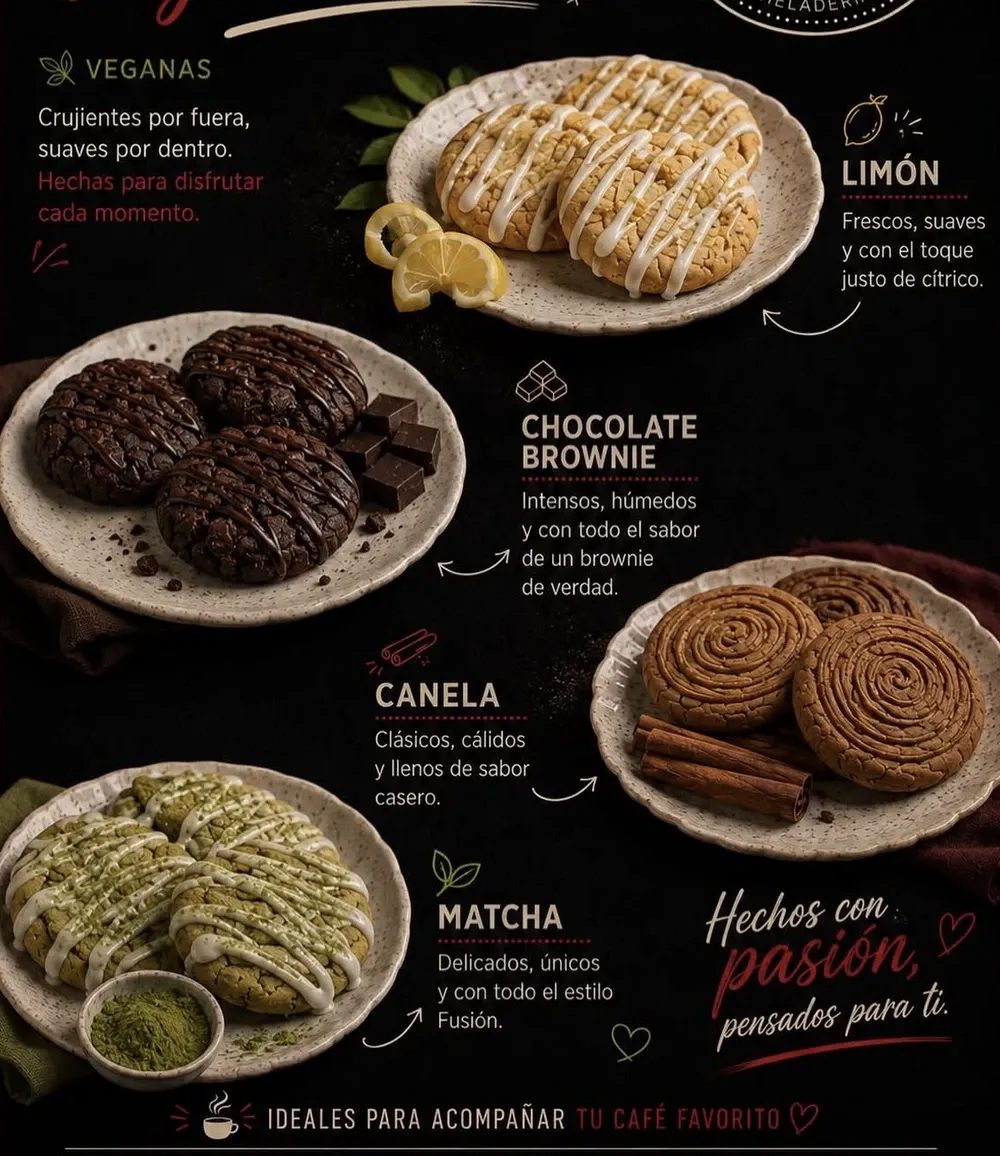 Galletones veganos de limón, chocolate brownie, canela y matcha.