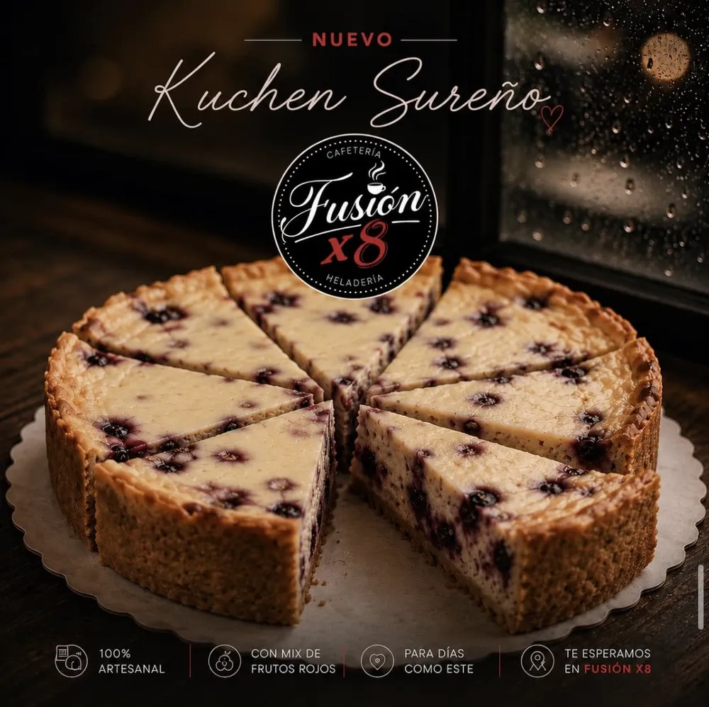 Kuchen sureño de relleno cremoso con frutos rojos, cortado en porciones.