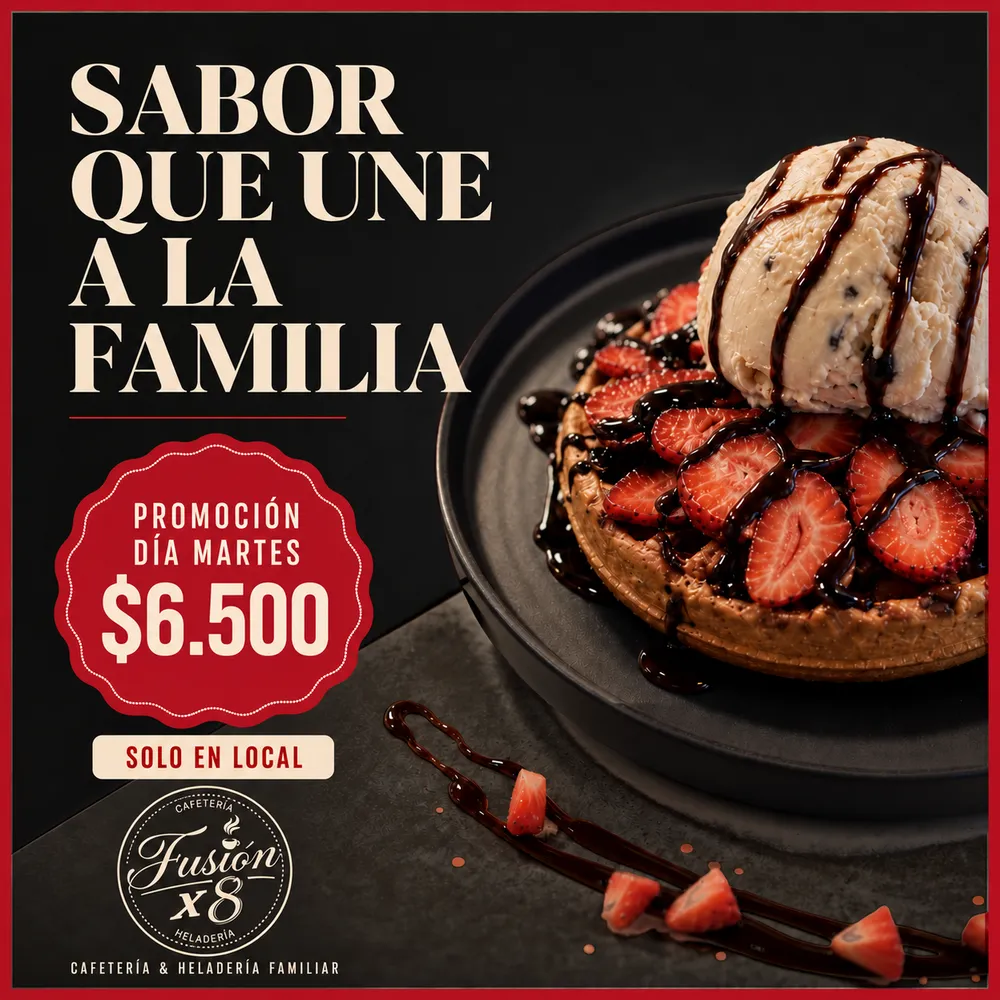 Promoción del martes: Waffle, $6.500. Solo consumo en local.