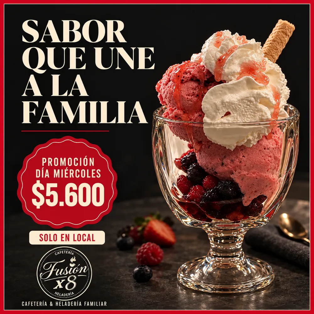Promoción del miércoles: Copa de helado, $5.600. Solo consumo en local. De 15:30 a 22:00, hora de Chile.