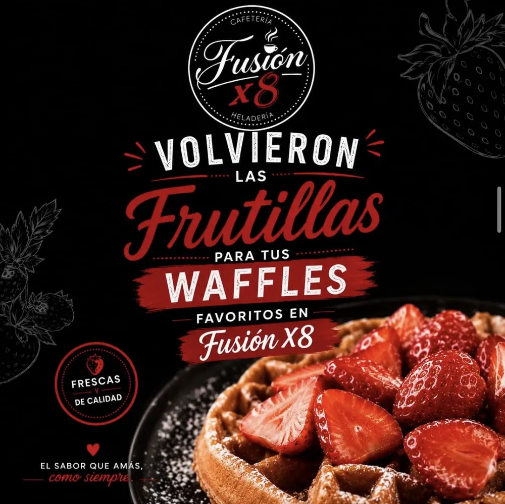 Publicación de waffles con frutillas frescas.
