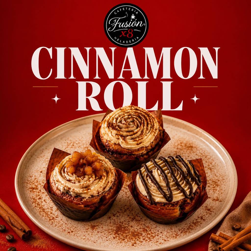 Tres cinnamon rolls con distintas coberturas en una publicación de Fusión X8